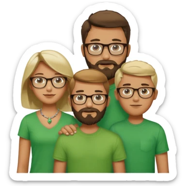 A family consisting of a man who's bearded, tanned, wearing glasses, a woman, slightly tanned, and a 14 year old teenage boy, slightly tanned, wearing a green t-shirt sticker