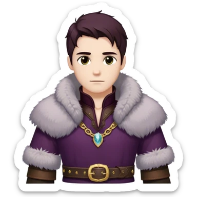 Medieval winter outfit worn by a DnD themed fantasy male character. Thick deep plum wool tunic with ermine fur trim at collar and sleeves, fastened with intricate gold-plated clasps and a heavy tooled leather belt. Clothes only above the waist, full waist coverage. The character has no arms. Character is white-skinned with dark auburn hair, misty gray eyes, and shoulder-length hair with crystalline frost at the tips. sticker