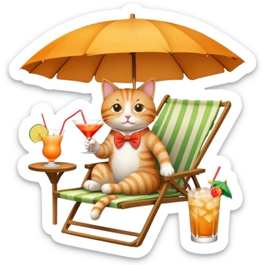 Cat relaxing on a beach chair, sipping a mai tai cocktail with umbrella sticker