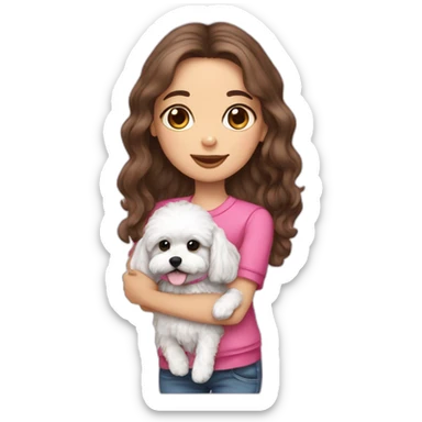 girl brunette with long hair hold on the hand, dressed small white puppy girl maltipoo with pink collar sticker