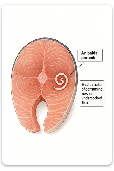 a close-up cross-section of a raw fish fillet, showing a white, coiled Anisakis parasite embedded in the muscle tissue. The parasite is clearly labeled, and the surrounding fish tissue is rendered in detail. The background is clean and white, with educational callouts explaining the risk of consuming raw or undercooked fish. sticker
