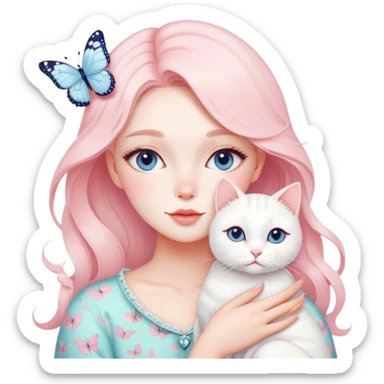 Gorgeous- pastel- lady -with -blushing -butterfly -pattern- hugging- a- white- cat-aesthetic- trendy -style sticker