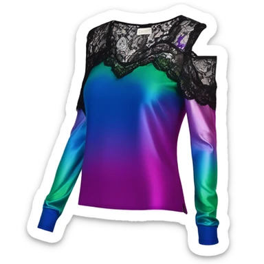 Realistic isolated side view of a metallic cobalt blue,magenta,and pistachio green ombre low cut cold shoulder blouse with long black lace sleeves. sticker