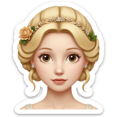 Cinematic Realistic Rococo Portrait, depicted with lifelike skin texture, subtle rosy undertones, and soft natural lighting that enhances the gentle contours of her face. Her intricately detailed golden blonde hair is elegantly styled in an updo, sticker