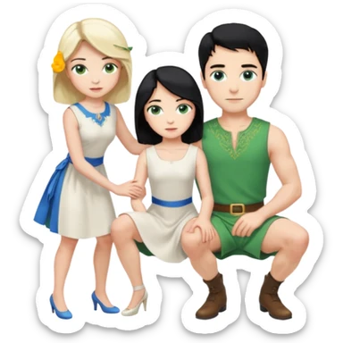 prince, upright, black Hair, blue eyes, garment,  Woman, bending knee, sleveless white dress, blonde hair, green eyes, sticker