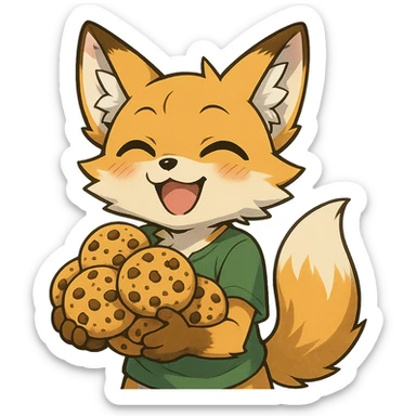 anime style fox character, happy, holding cookies sticker