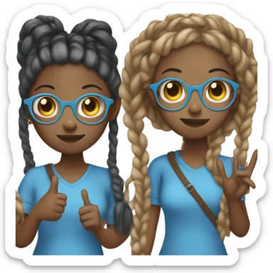 Black girl with a bunch of braids and a long blue shirt with black glasses holding up a peace sign sticker