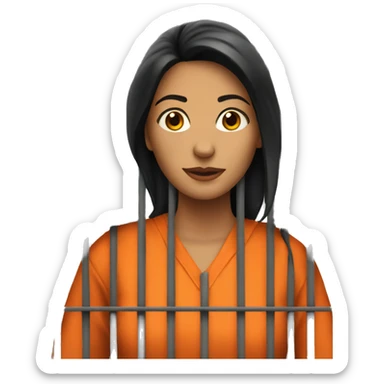 Prisoner woman behind bars, orange jumpsuit. Dark hair sticker