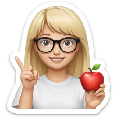 smiling girl with blonde hair, bangs, and brown eyes, wearing black square glasses and a white oversized T-shirt, pointing her finger up to the right, Apple emoji style sticker