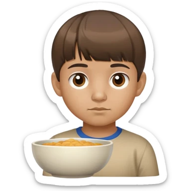 kid with a long head, stubby nose, Mexican features, bowl cut brown hair, brown eyes sticker