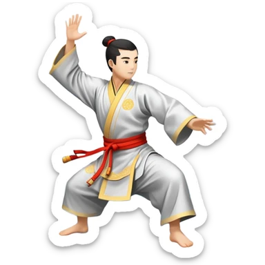 Emblem symbolizing Wushu martial arts. A graceful martial artist performs a dynamic kung fu pose, with flowing movements and a long, elegant robe. The background features stylized clouds and traditional Chinese symbols, representing fluidity, balance, and precision. Transparent background. sticker