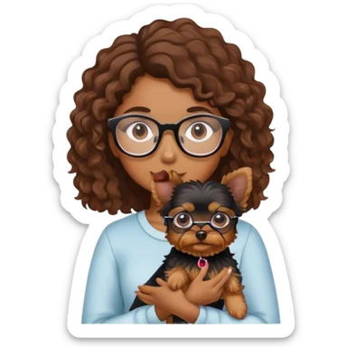 Young woman with brown curls and eyeglasses holding a small yorkie dog sticker