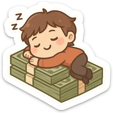 happy person napping on mattress of money sticker