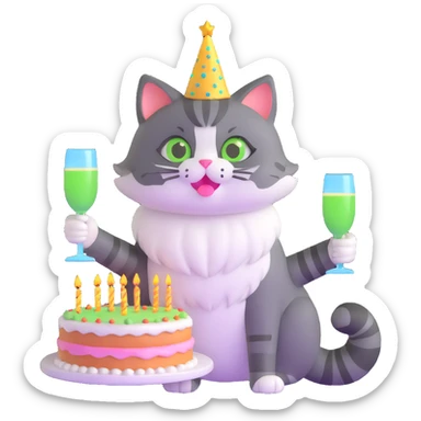 tricolor fluffy cat with big green eyes celebrating her birthday with a cake and champagne sticker