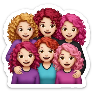5 girls  curly redhead, one with brunette dyed blonde hair, one long haired wavy brunette, one mid-length haired brunette, and one black haired girl with partially dyed bright red/pink hair sticker