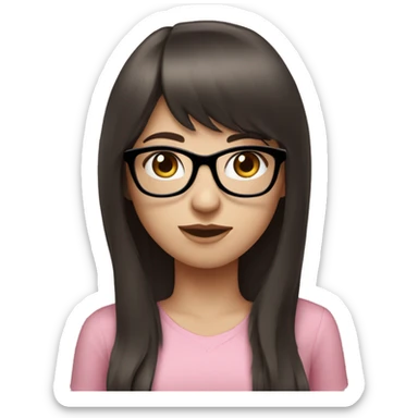 Girl with long dark brown hair and bangs and black glasses pale skin pink shirt sticker