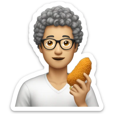 Asian man with round glasses and natural perm eating chicken sticker
