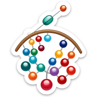 Create a harmonious and well-composed icon that represents the hobby of beadwork. The design should feature colorful beads, thread, and a beading needle or tool in a balanced arrangement. The elements should flow naturally, reflecting the creativity and precision of the craft. Ensure the composition is clean and aesthetically pleasing, with vibrant yet balanced colors. The background should be transparent. sticker