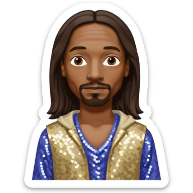 Snoop Dogg with long dark brown hair, periwinkle sequin crop top, cream sequin baggy pants sticker
