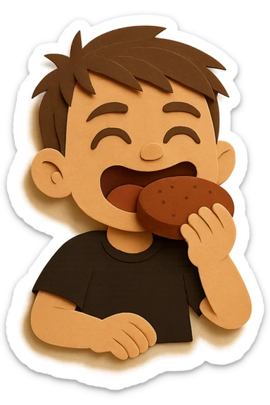 The same boy is now greedily chewing the meat patty, clearly enjoying it sticker