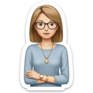 Cheveux : Mi-longs, lisses, châtain clair 	•	Accessoires : Lunettes de vue, collier avec un pendentif 	•	Tenue : Pull gris, jean clair, bracelet doré 	•	Posture : Décontractée, légèrement penchée sur le côté 	•	Expression : Détendue, bouche légèrement entrouverte sticker
