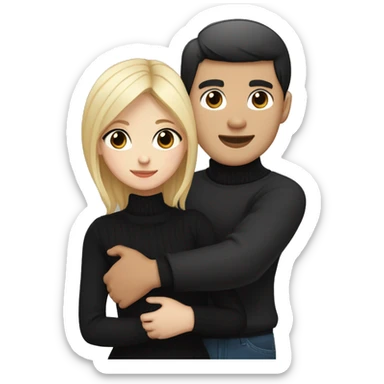 Blonde girl with blue eyes in black sweater and an east asian man with black hair and black eyes hugging sticker