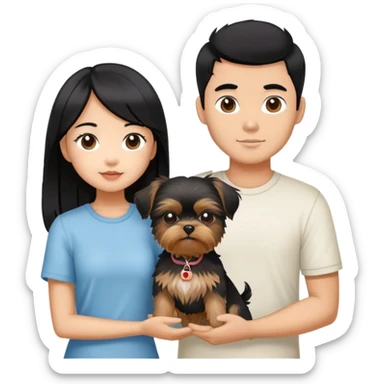 beautiful asian girl with black hair holding a yorkshire terrier, standing next to her tanned boyfriend holding a shih tzu sticker