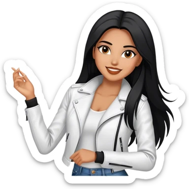 beautiful fit woman, with long straight black hair, with make up, black eye liner, smile mooth close, mexican, brown skin, wearing casual white outfit and leather black jacket, flirting sticker