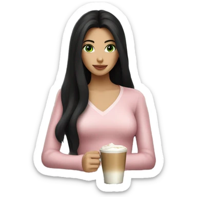 girl with very long black hair and green eyes and light pink outfit drinking a latte sticker