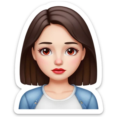 “Emoji brunette girl white top, dewy skin, heavy blush across cheeks and nose bridge, glossy cherry lips, soft eyeliner, teary sparkling eyes like hanni from new jeans sticker