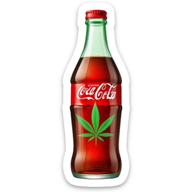 iconic curved Coca-Cola style glass bottle in red with a green cannabis leaf printed on it sticker