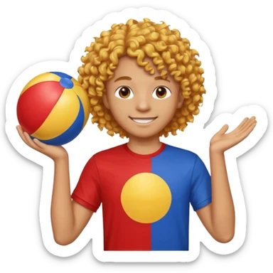 una persona de 18 años marron clarito con el pelo amrillo rizado con una camiseta roja y azul con un logo circular dorado y levantando un balon de playa sticker