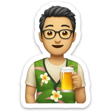 Japanese wearing glasses alohashirt is holding beer sticker