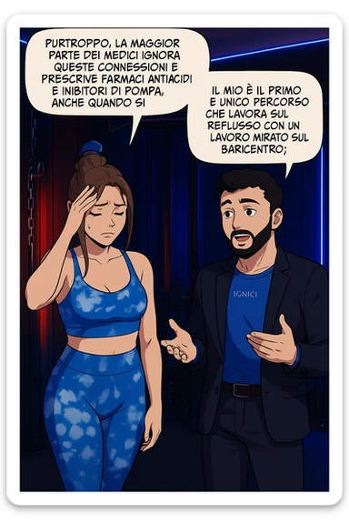 TRASFORMA QUESTO CAROSELLO IN UN FUMETTO STILE WEBTOON/MANGA A COLORI CON QUESTE DUE PERSONE IDENTICHE CHE INTERLOQUISCONO TRA LORO, L'uomo sta spiegando alla donna questo concetto MENTRE LA DONNA SI TIENE la mano sulla fronte sconcertata:

LUI (UOMO): Purtroppo, la maggior parte dei medici ignora queste connessioni e prescrive farmaci antiacidi e inibitori di pompa, anche quando si potrebbero evitare.
Il mio è il primo e unico percorso che lavora sul reflusso con un lavoro mirato sul baricentro; sticker