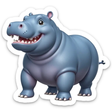 cinematic-hippo-realistic-full-body-side-view-standing-on-all-fours-emoji,-massive-round-frame,-wide-mouthed-grin-exposing-huge-teeth,-head-tilted-dramatically,-thick-greyish blue-hide-glossy, big cute eyes sticker