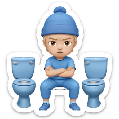 3D cartoon child with a slightly different face, wearing the same style blue hat and blue outfit, sitting on a toilet, angry expression, arms crossed, pastel children’s animation style." sticker