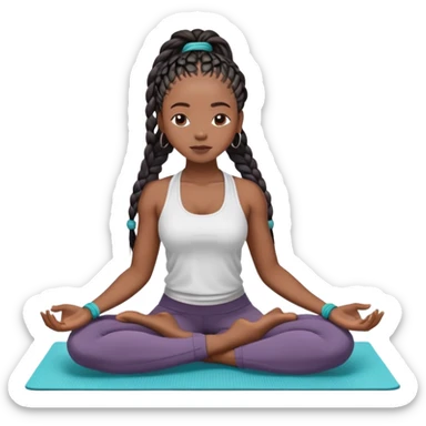 A dark-skinned Black woman with long box braids, sitting cross-legged on a yoga mat, eyes closed, hands on knees, wearing a fitted yoga set. sticker