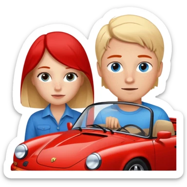 crea un emoji que sea una pareja, una chica rubia con pecas en la cara & los ojos azules & un chico con el pelo negro lindo con ojos cafés que haya un porsche rojo  sticker