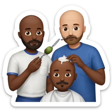 A bald man with a dark brown beard cutting someone’s hair at a barber shop and the other guy is eating a poop ball and the poop ball has eyes sticker