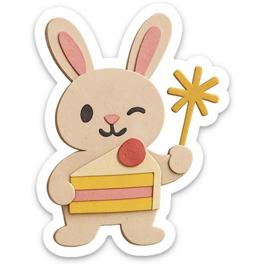 Adjust the bunny's ears so they visually match in shape, size, and style, while keeping the laugh expression, cake slice, sparkler, and paper-craft style unchanged. sticker
