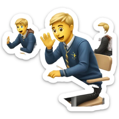 European students sitting at desks. One tries to catch a bag sticker