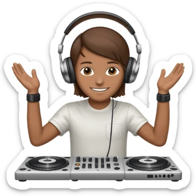 White dj mixing with dj booth, headphone on head, no cap, not bald, brown hair  sticker