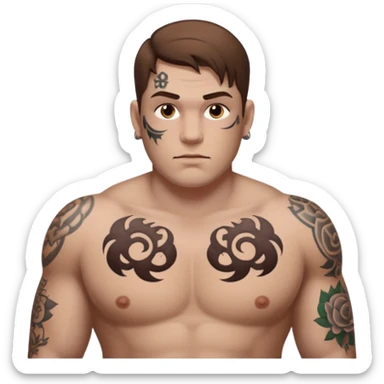 tattoo man, fair white skintone,brown hair, tattoos on face, more visible, bulky man with tattos on his chest, heavy tattooos. sticker
