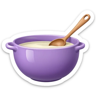 a lilac ceramic mixing bowl with a wooden spoon stirring sticker
