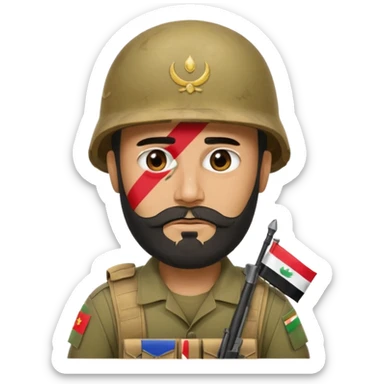 A very tired and sad, swarthy Iraqi soldier with a beard, an Iraqi flag on his helmet, a sad expression and bags under his eyes sticker