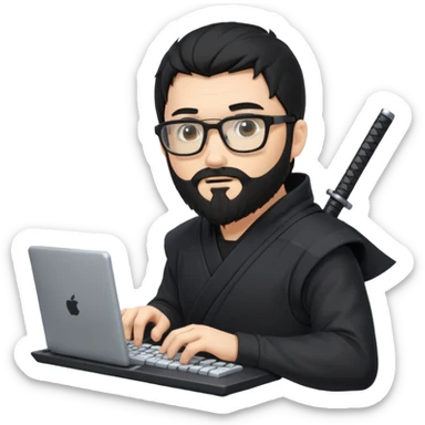 Man with black hair and beard wearing glasses in a ninja costume. Keep the top left version, make the beard longer and replace the sword on his with a computer keyboard  sticker