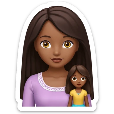 Boneca digital em estilo 3D realista e fofo, semelhante a uma boneca colecionável. Mulher jovem com pele negra, olhos castanhos escuros, cabelo liso cor chocolate, longo e bem alinhado.  sticker