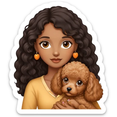 woman with  brown  skin,longblack wavy  hair and brown  eyes is holding a apricotpoodle puppy sticker