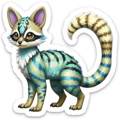 Rare realistic iridescent shiny warm-colored lush tropical exotic cute epic pretty beautiful handsome gorgeous aesthetic colorful vibrant Vernid-Protogen-Primagen-Wickerbeast-Genet-Trico-species-Fakemon-hybrid-creature by LiLaiRa, beautiful intricate markings, full body sticker