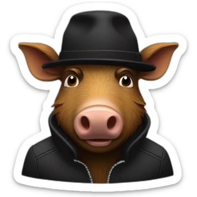fullface wild tired brown boar with stubble in a black jacket and a black winter hat sticker